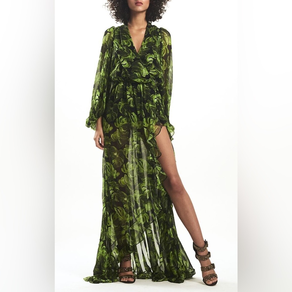 Caroline Constas Green Leaf Flowy Maxi Dress
